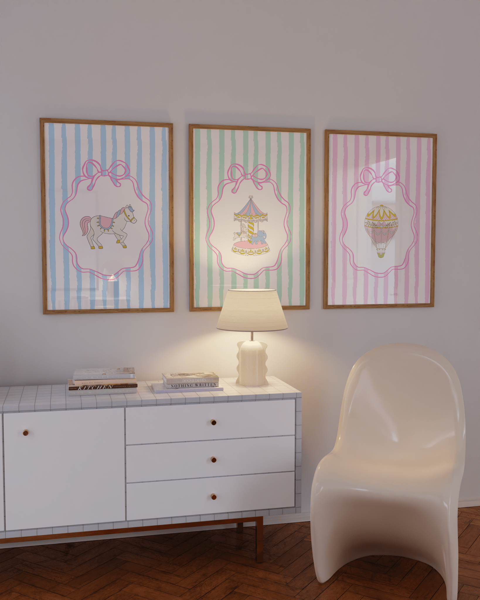 Soft pink and mint poster download for pastel baby room decor with dreamy fairytale elements.