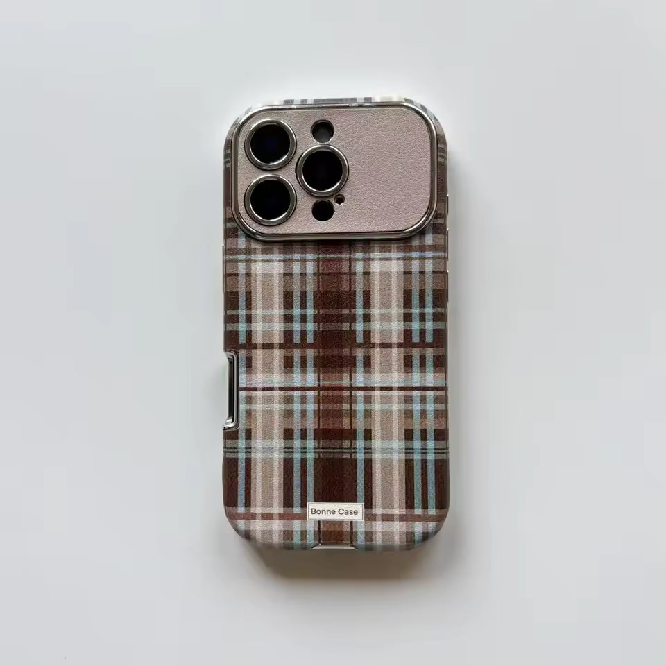 Plaid patterned phone case on a white background