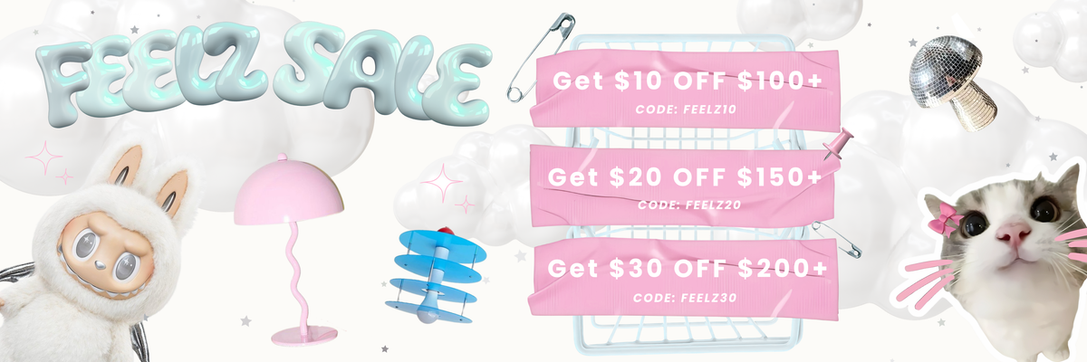 A promotional sale graphic with the text 'FEELZ SALE' at the top, three pink discount banners offering $10 off $100+, $20 off $150+, and $30 off $200+, along with codes FEELZ10, FEELZ20, and FEELZ30. The design includes a white shopping cart, pastel clouds, stars, a pink lamp, a cat illustration, and a small character on a fluffy cloud.1621243260e1af0c20-0