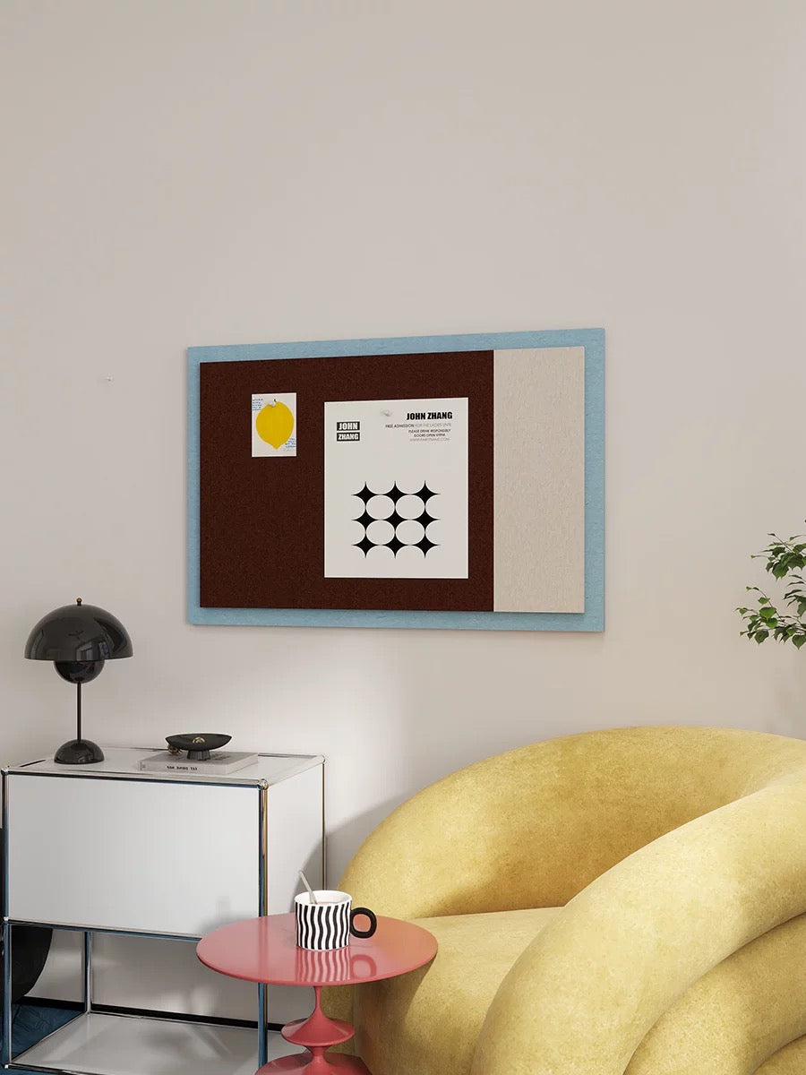 Felt pin board for wall with brown, blue and cream color blocks