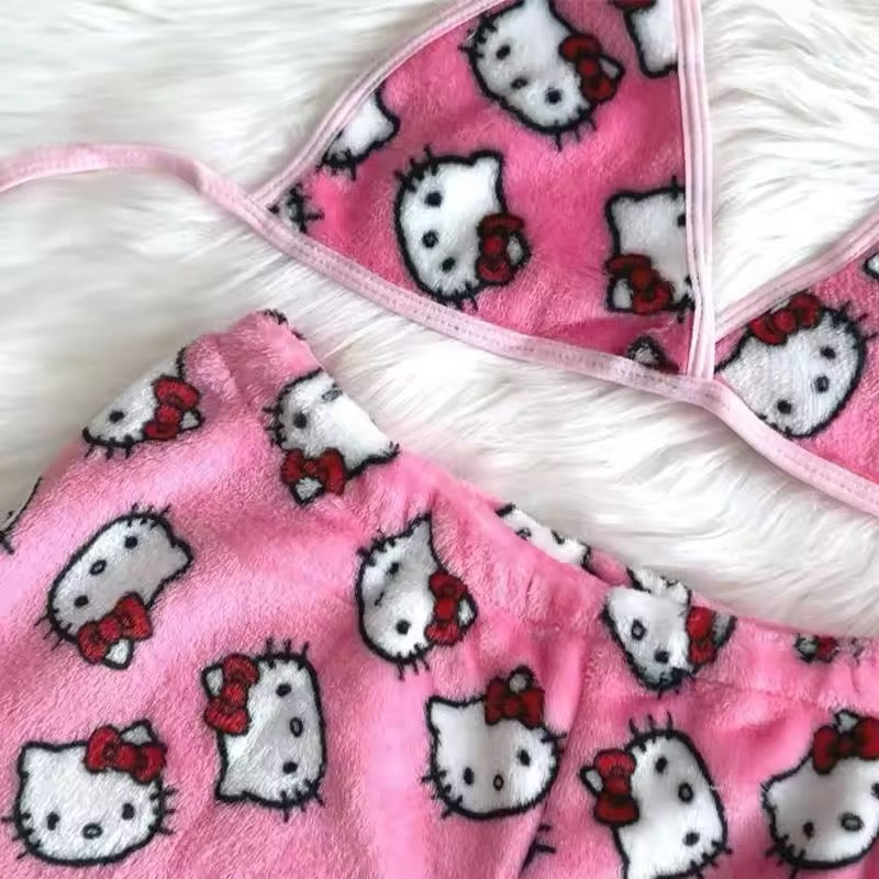 Hello Kitty pink pajama set with tank top and shorts for women