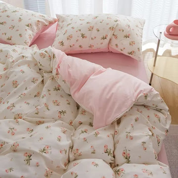 Floral Coquette bedding set in pink cotton with flower accents