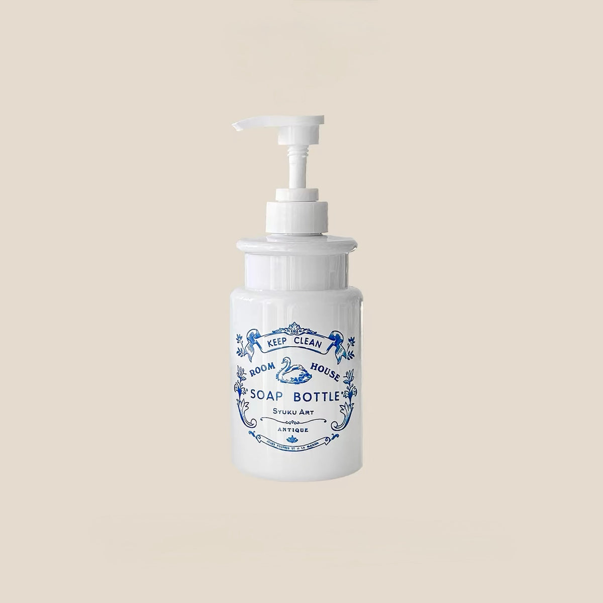 A floral soap dispenser is shown alone from the front, with a white pump above blue swan and ribbon artwork.