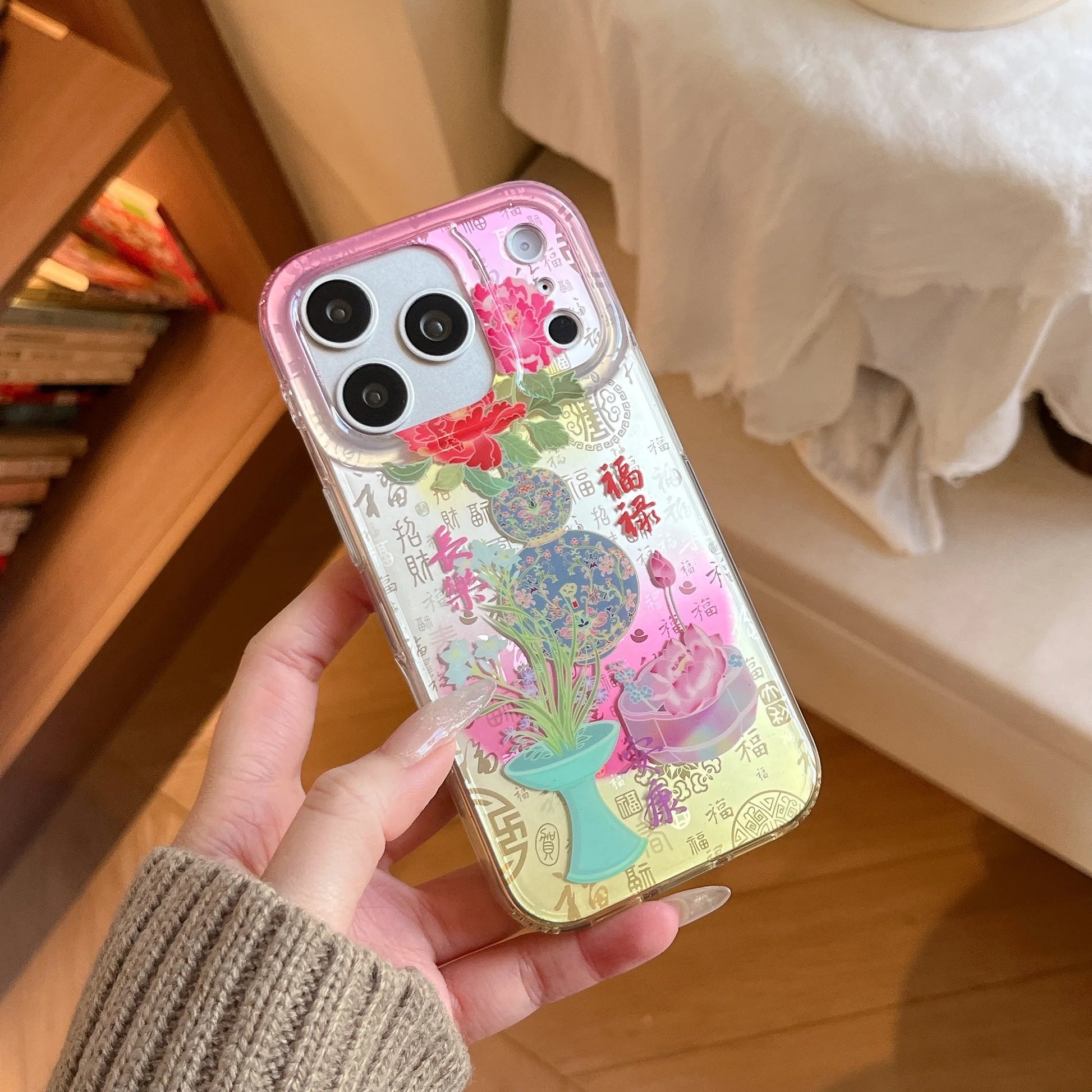 Vintage floral iPhone case featuring colorful peonies translucent silicone finish and elegant ornamental artwork throughout