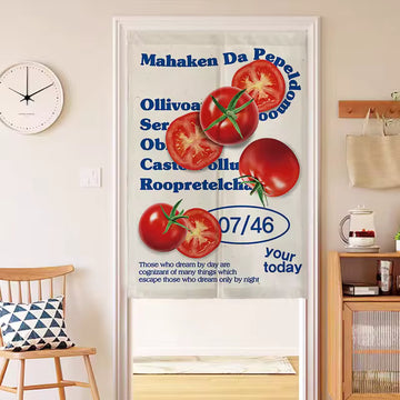 Retro food print curtain with tomatoes and typography, perfect for kitchen or cafe aesthetic decor.