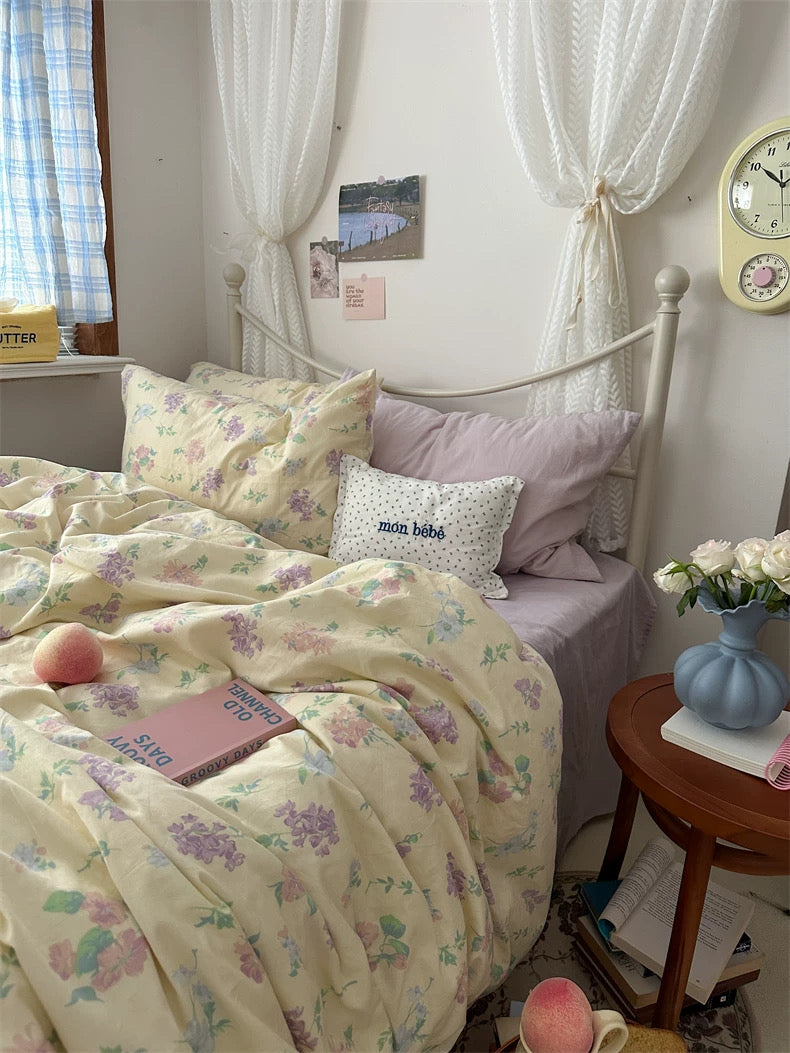 Pastel botanical bedding featuring soft vintage flowers adding elegant cottagecore character to comfortable sleeping space daily