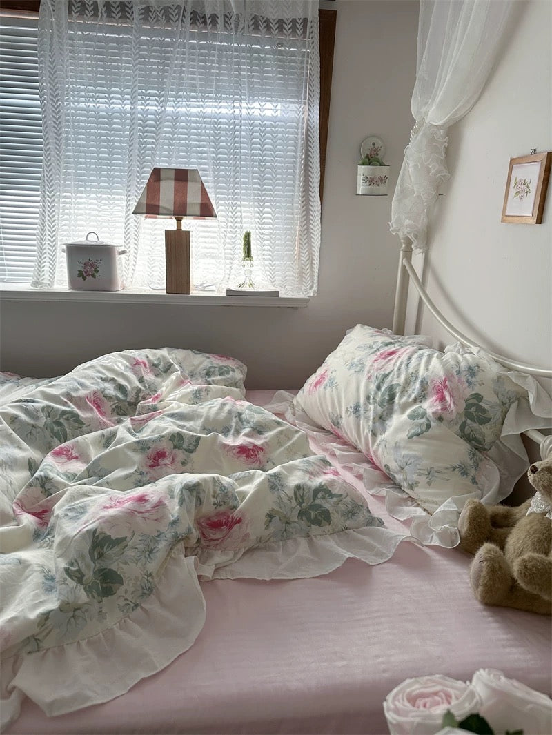 Cozy cottagecore room with romantic ruffle duvet cover and matching pillowcases.