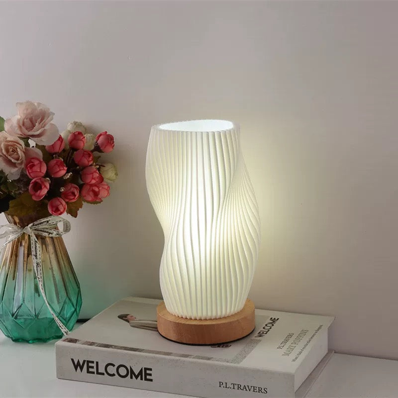 3D printed striped desk lamp with wooden base. USB bedside lamp with touch dimming for Nordic style bedroom or study decor.