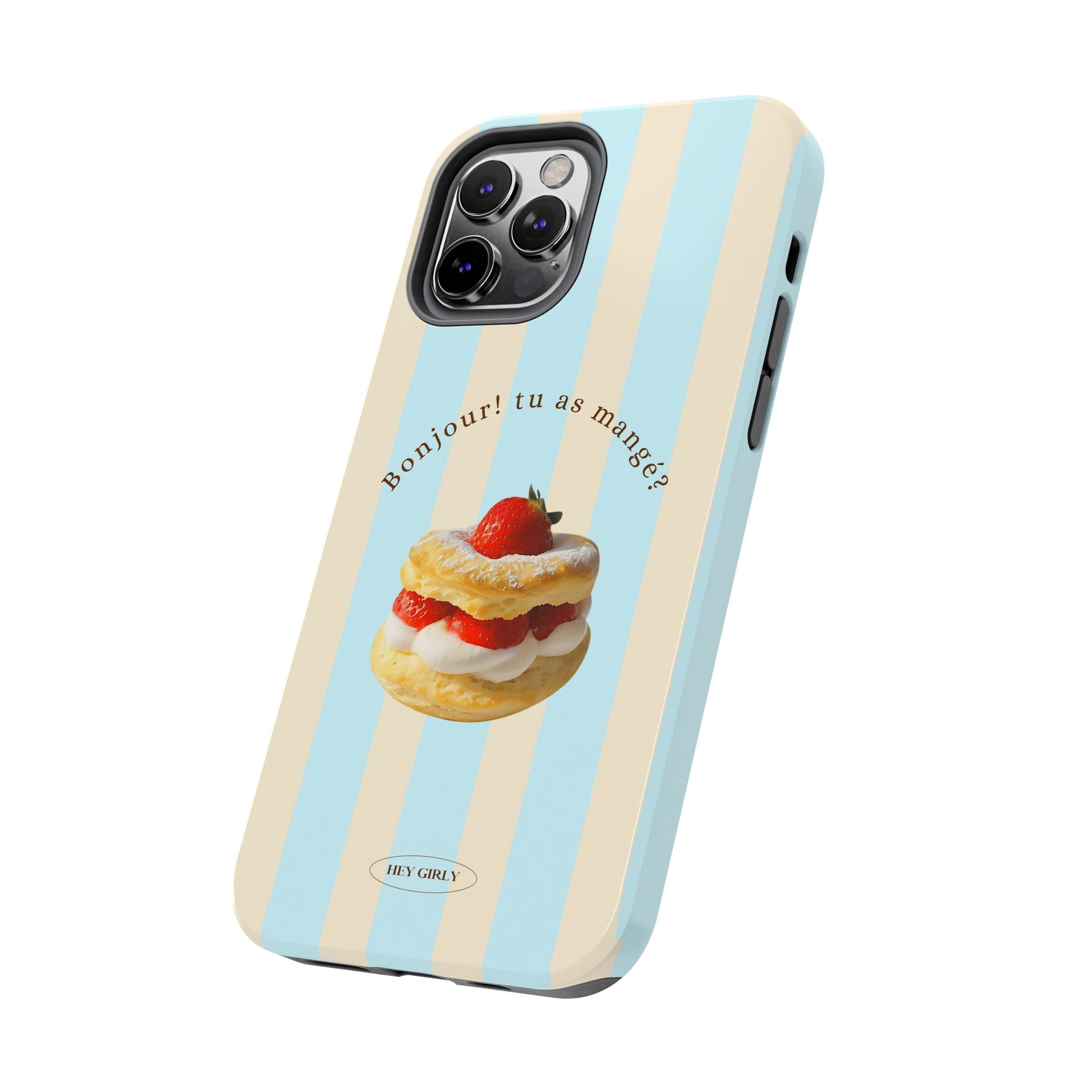 Phone case with a dessert illustration and text on a blue and beige striped background