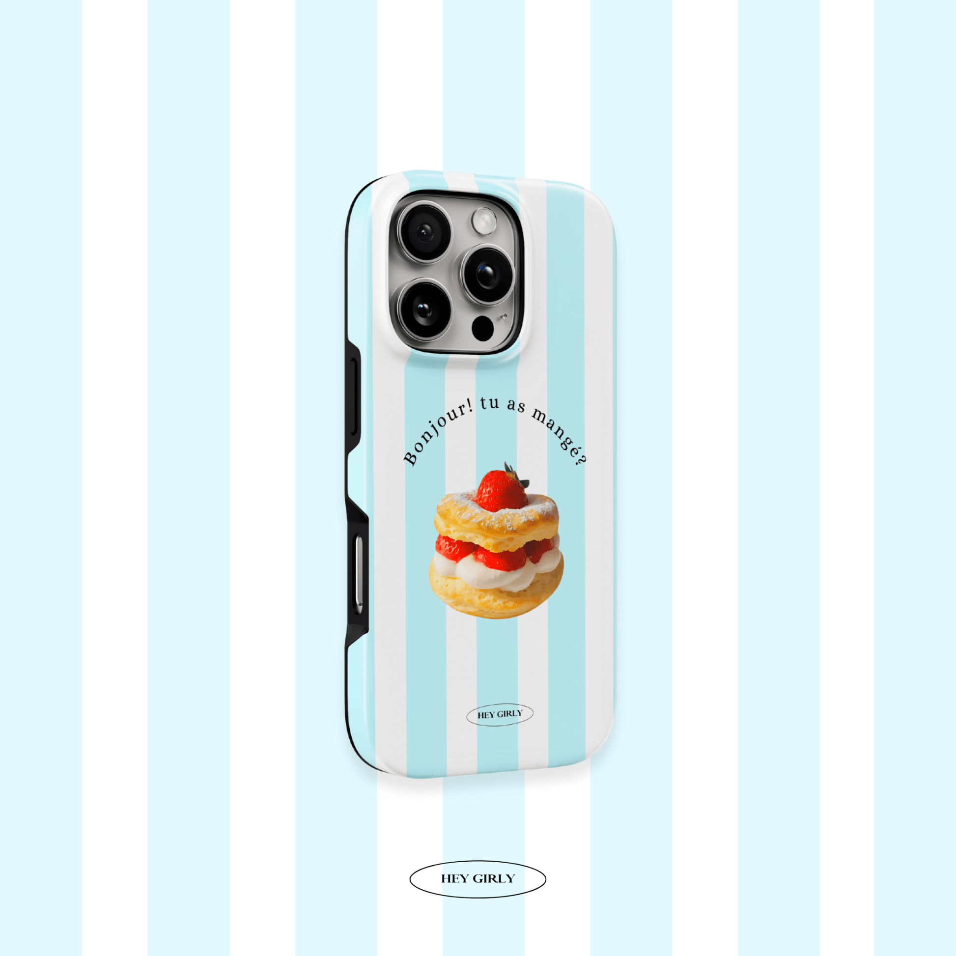 Parisian-style iPhone case with blue stripes and strawberry cream dessert graphic.