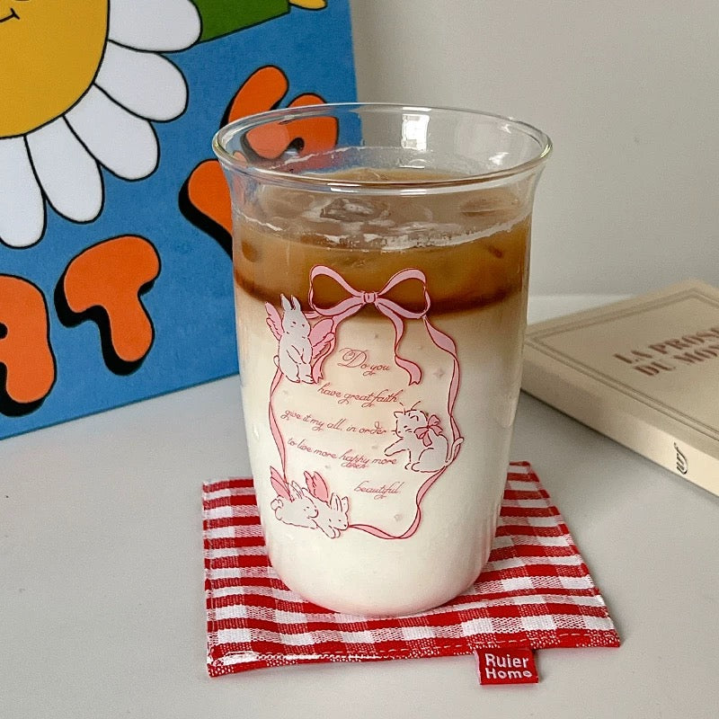 Korean-style glass cup with pink bow design for coffee