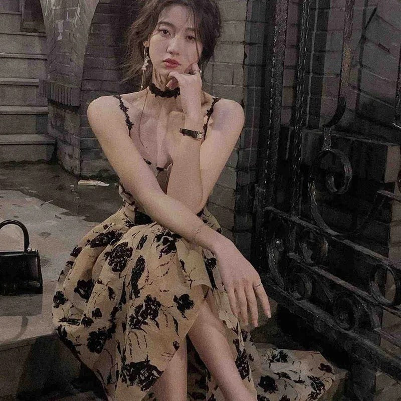 Romantic Floral Strap Midi Dress - Cottagecore French Style The Feelz Romantic Floral Strap Midi Dress - Cottagecore French Style The Feelz