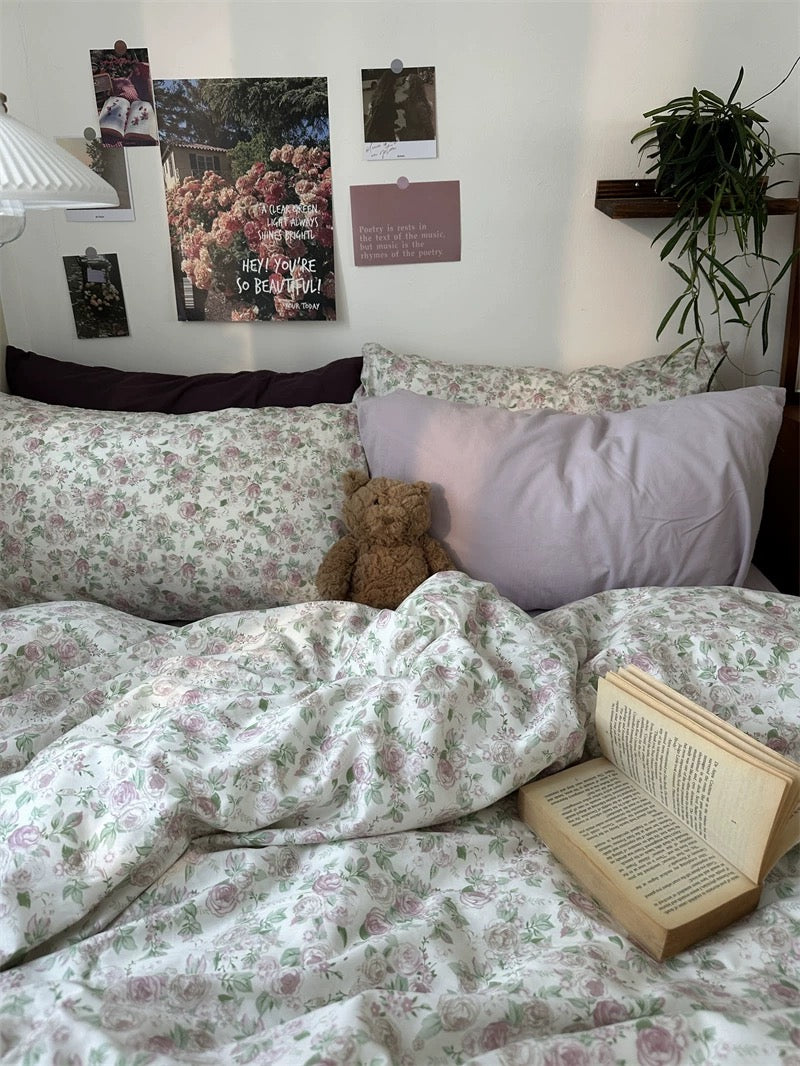 Cottagecore duvet cover featuring vintage rose print paired with neutral decor and charming botanical home styling beautifully.