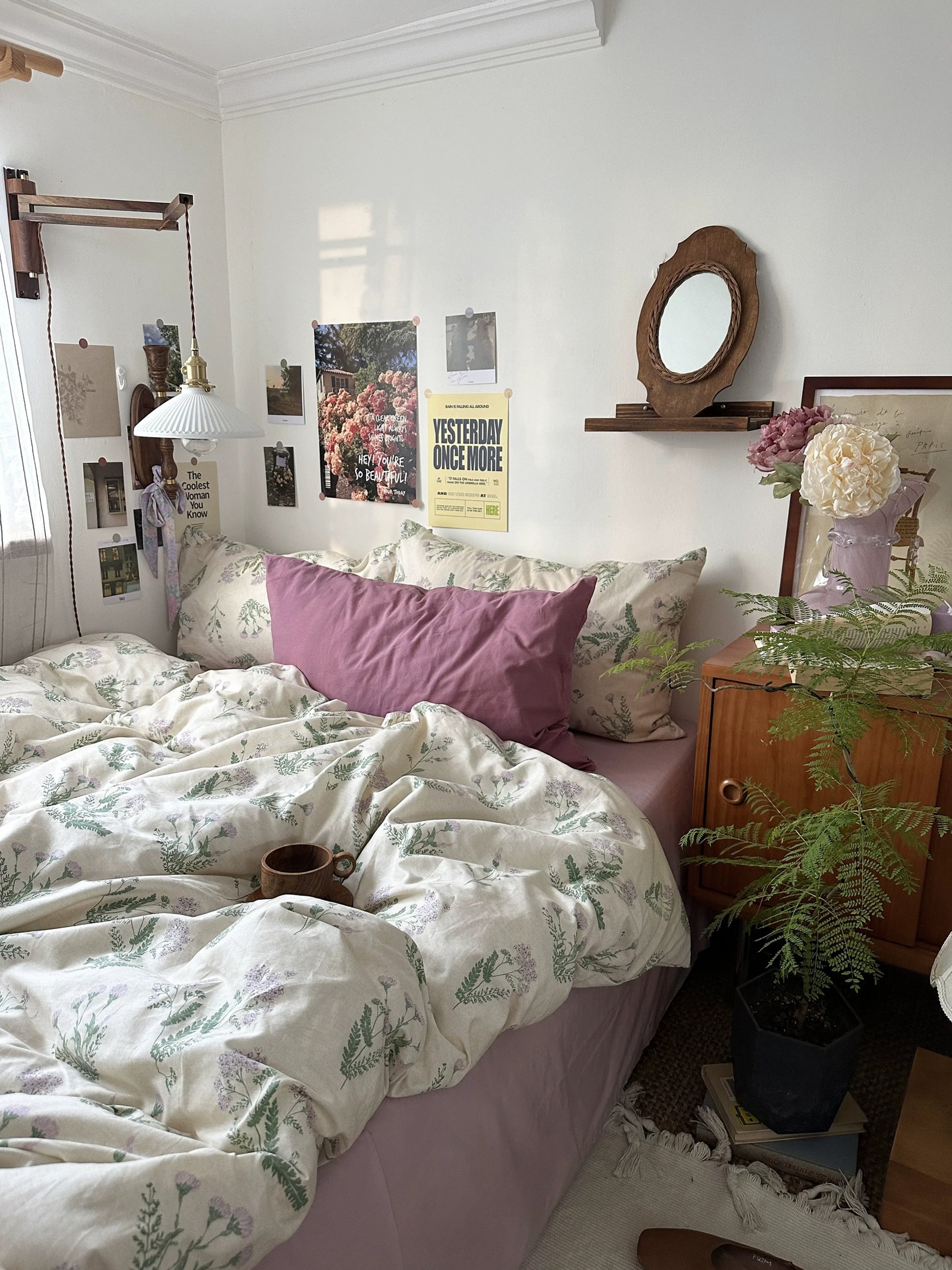 Breathable cotton floral bedding paired with lavender pillowcases creating elegant botanical interior styling effortlessly today.