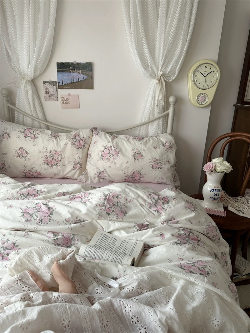 Breathable cotton duvet cover with classic botanical roses complementing feminine cottagecore home décor and peaceful sleeping spaces.