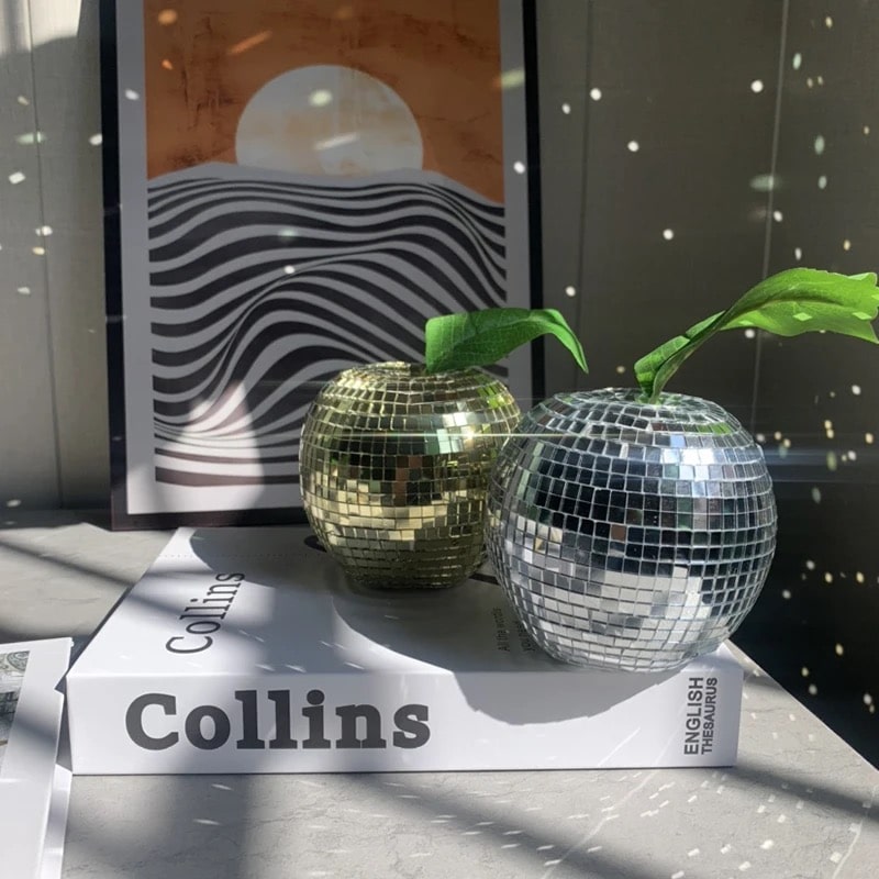 Mirror ball disco apple, vintage-inspired decor sculpture