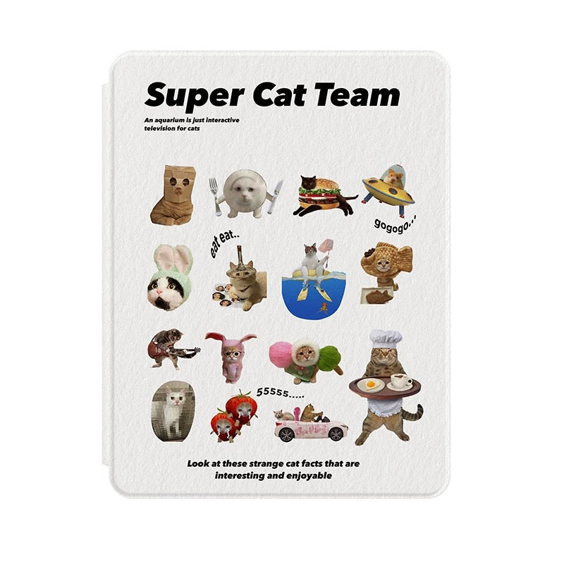 Funny iPad case with meme cats in costume — rotating smart stand design