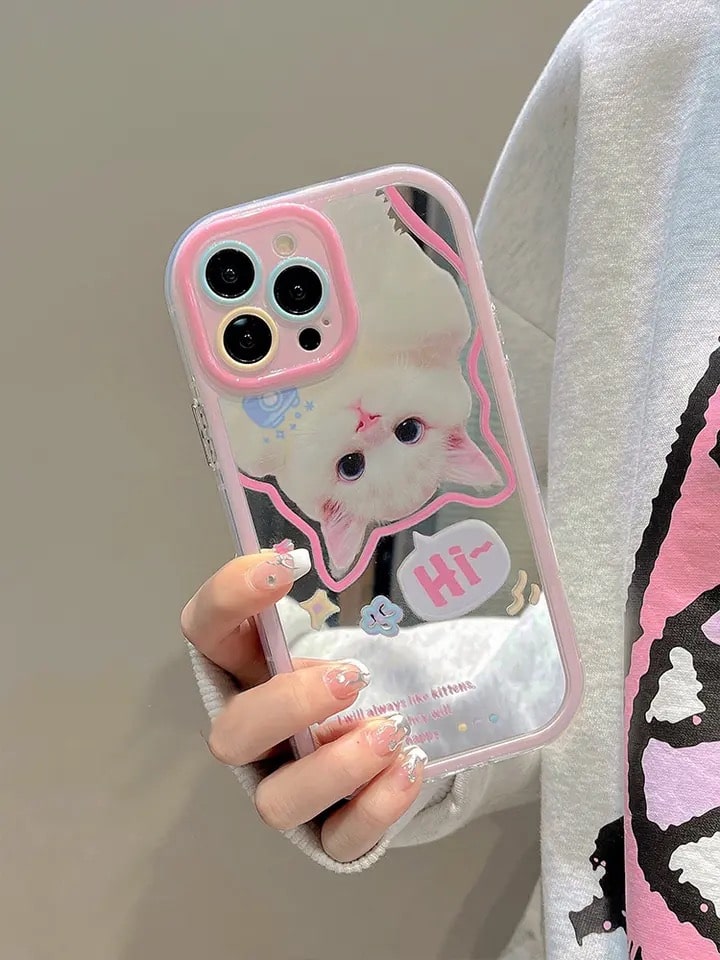 Kawaii cat iPhone case with trendy Y2K design and makeup mirror