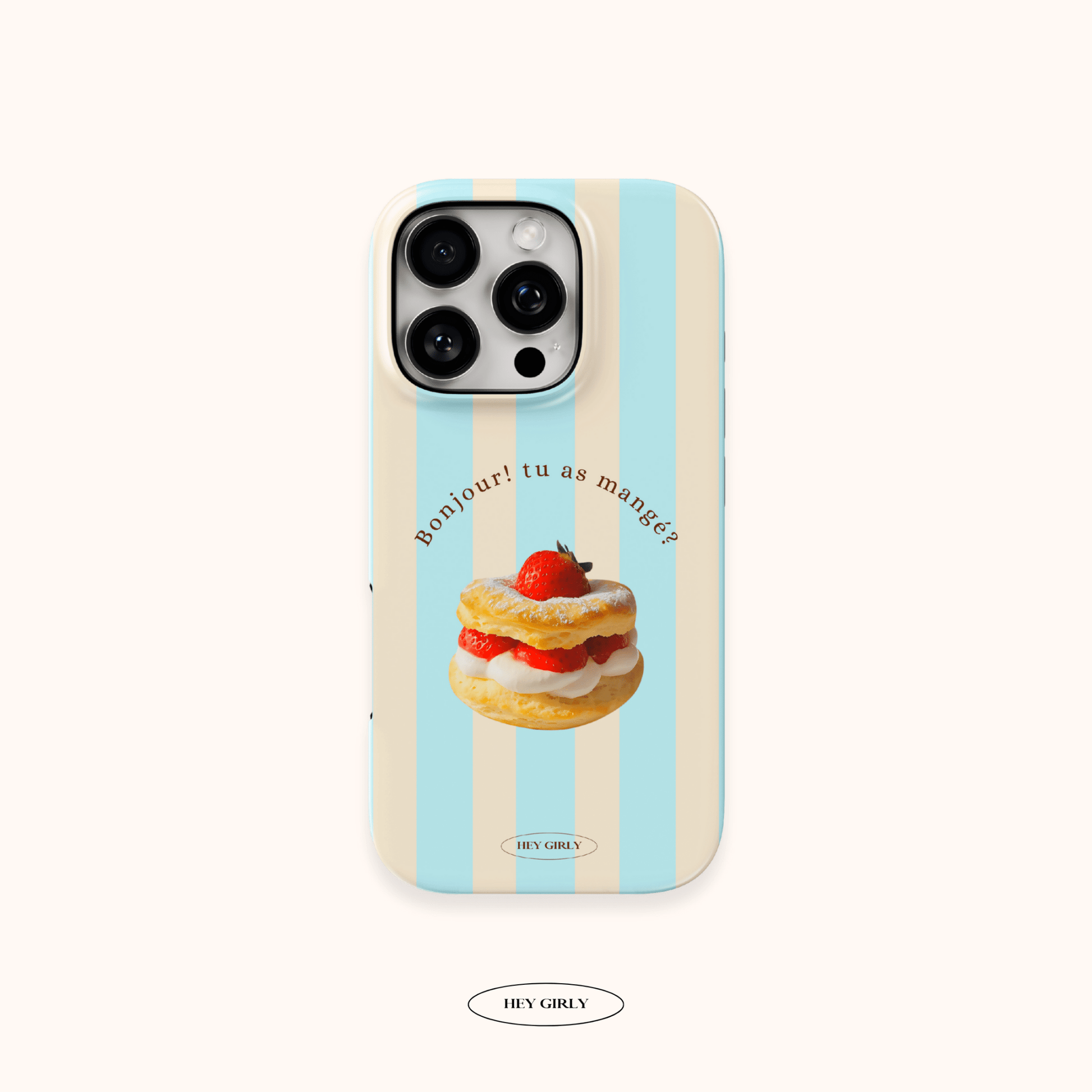 Phone case with a dessert illustration and text on a white background