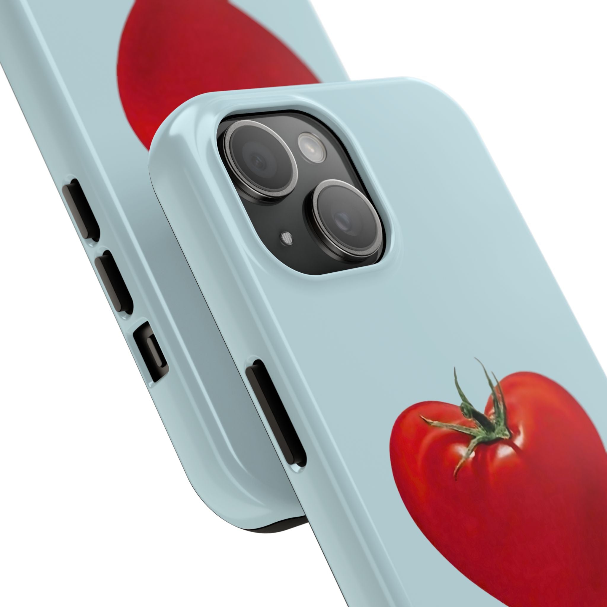 Aesthetic clean girl phone case featuring a tomato-shaped heart on pastel blue background.