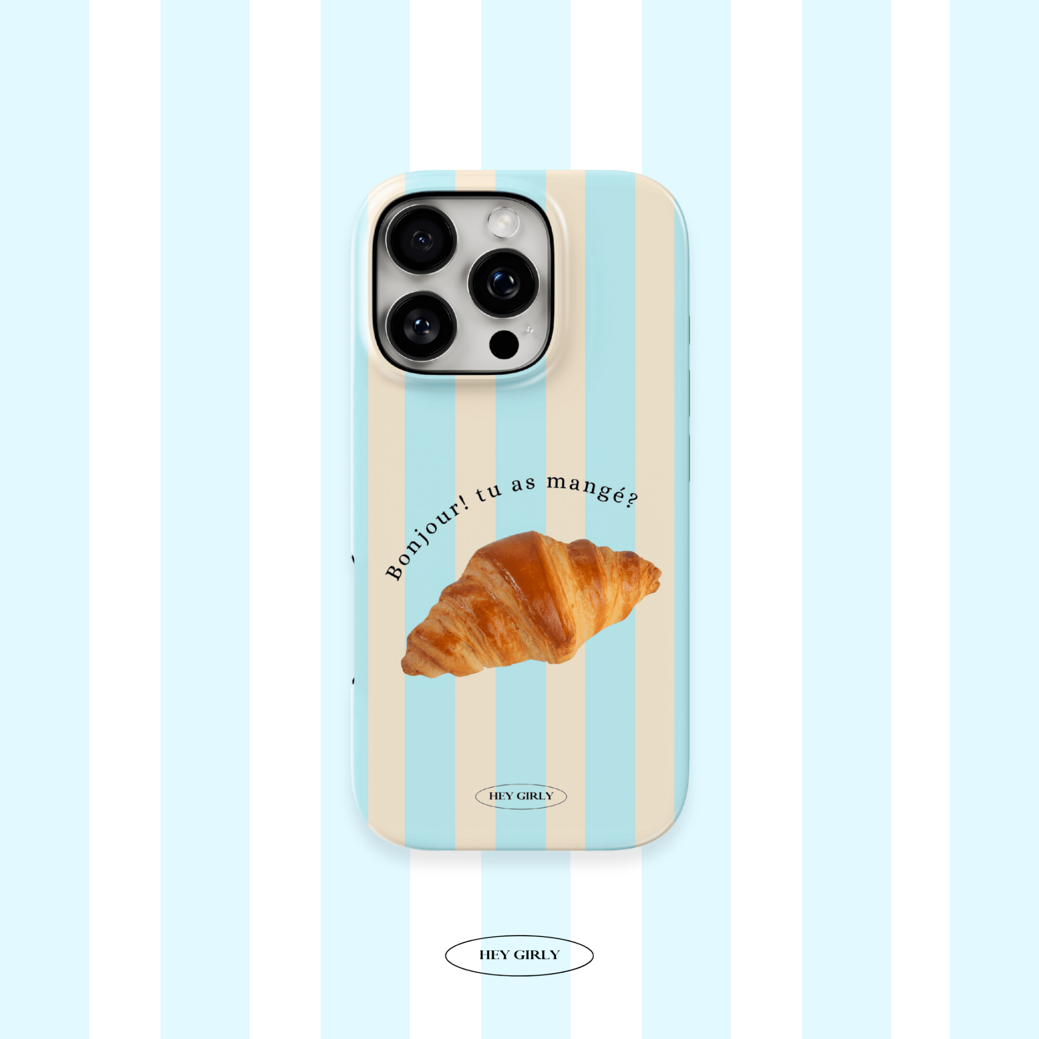 Coffee date aesthetic iPhone case featuring a croissant and soft blue stripes