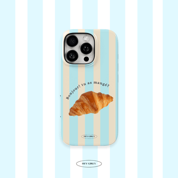 Coffee date aesthetic iPhone case featuring a croissant and soft blue stripes