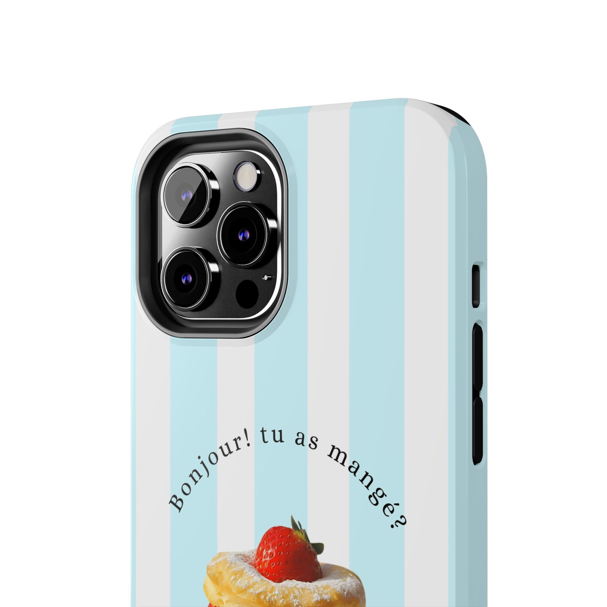 Glossy blue striped iPhone case from TheFeelz x HeyGirly with strawberry dessert print.