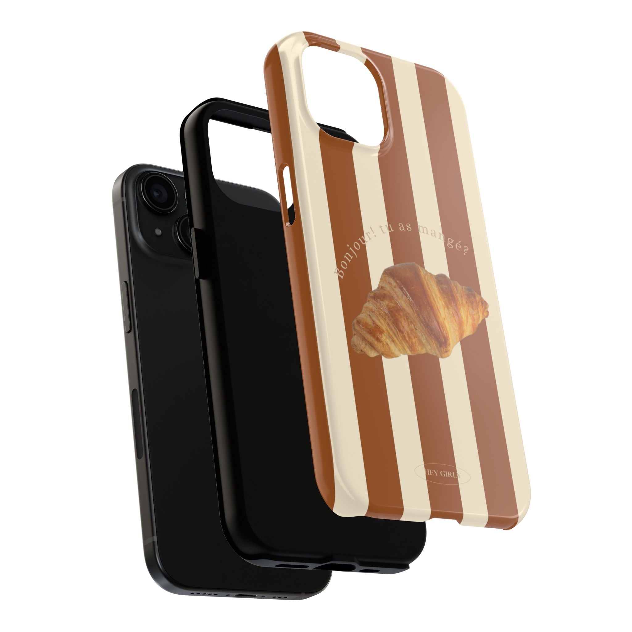 Minimal neutral stripe iPhone case with croissant graphic for foodie girls