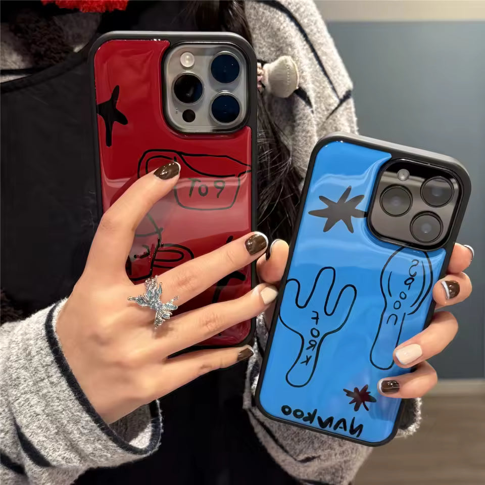 Blue glossy graffiti iPhone case with spoon and fork doodles