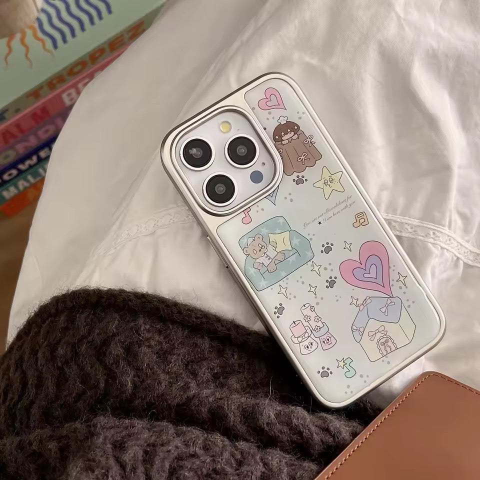 Phone case with cute illustrations on a white surface