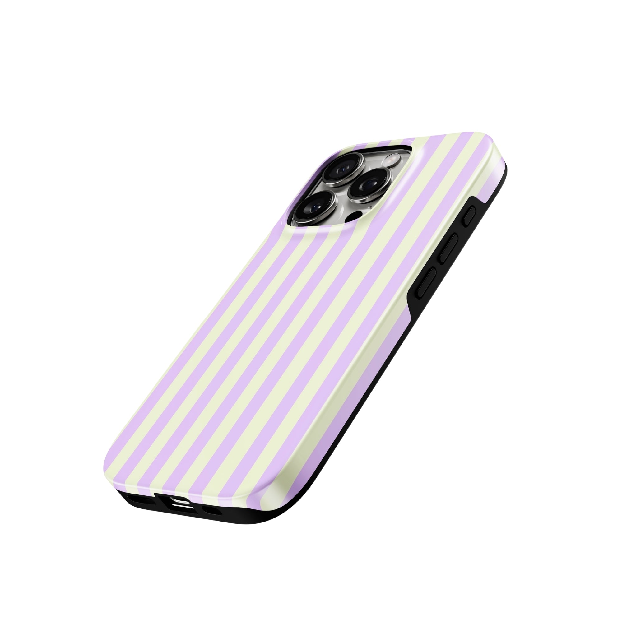 Phone case with purple and yellow vertical stripes on a white background