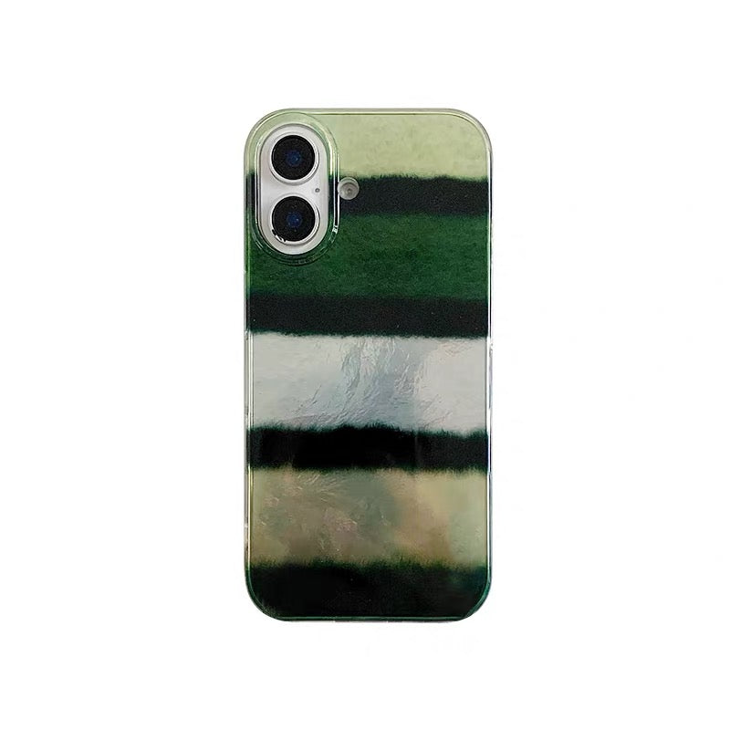 Phone case with green and black striped pattern on a white background