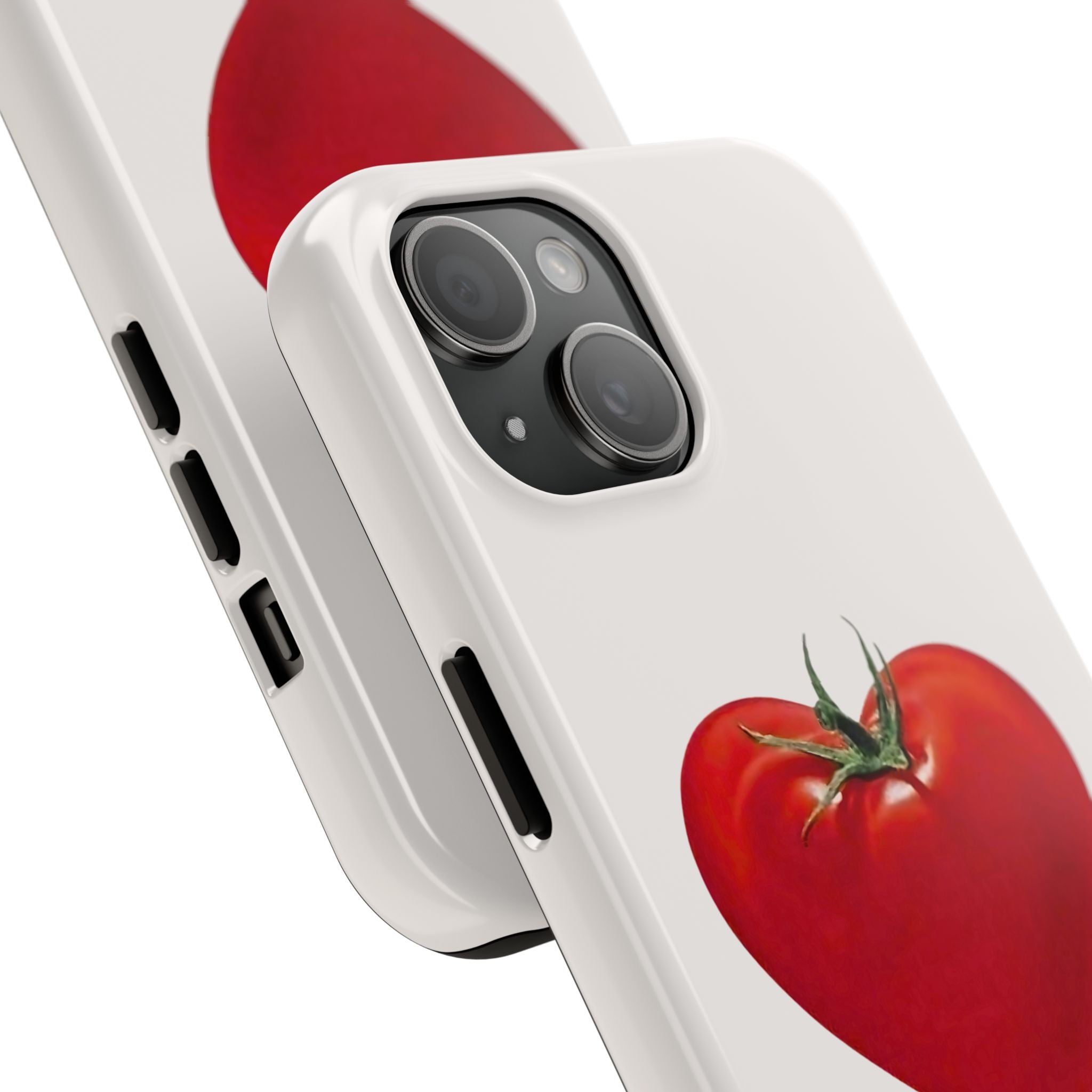 Phone case with a red tomato design on a white background