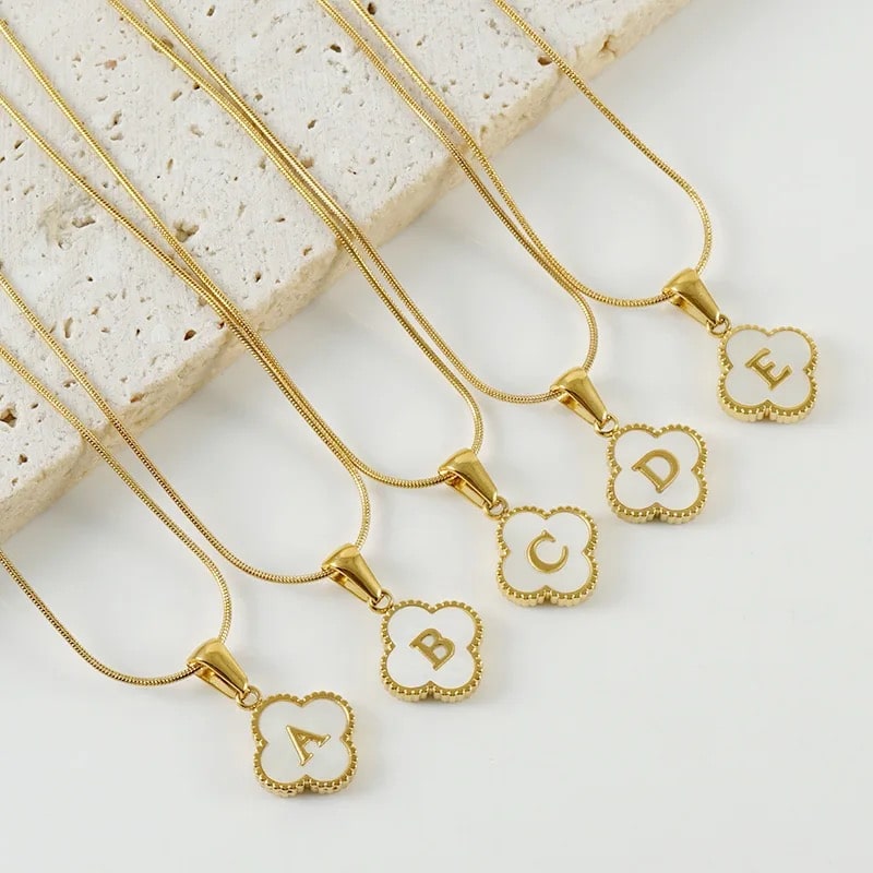 Elegant Gold Clover Necklace with Initial Pendant