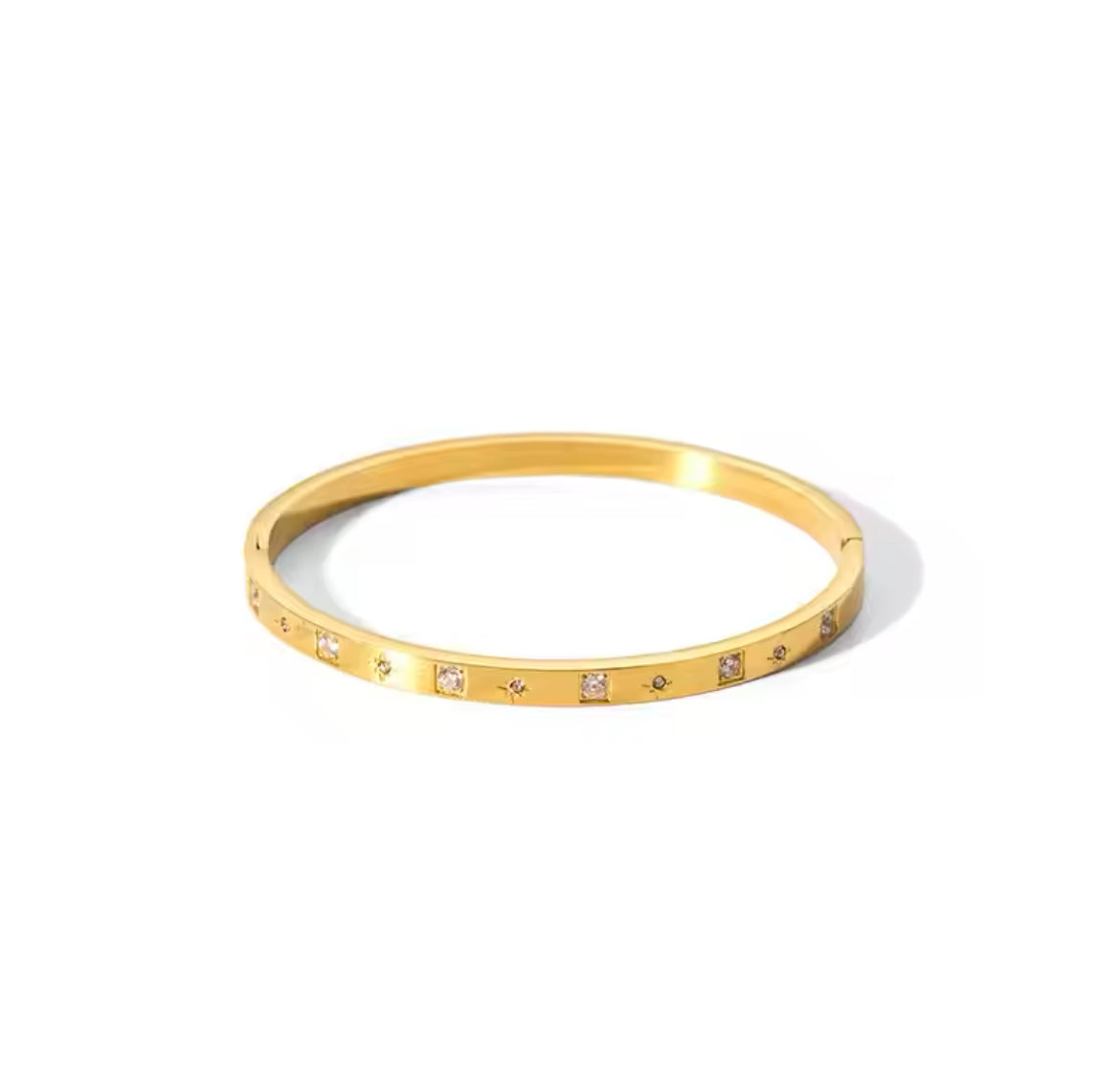 Elegant women’s stainless steel bracelet with gold finish and crystal details. Perfect for parties, casual wear, or gifting.