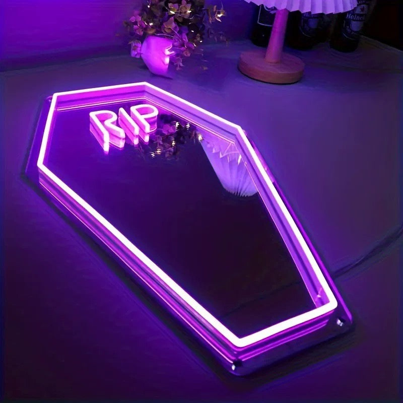 USB-Powered Gothic RIP Neon Mirror Sign for Halloween Party Wall Art