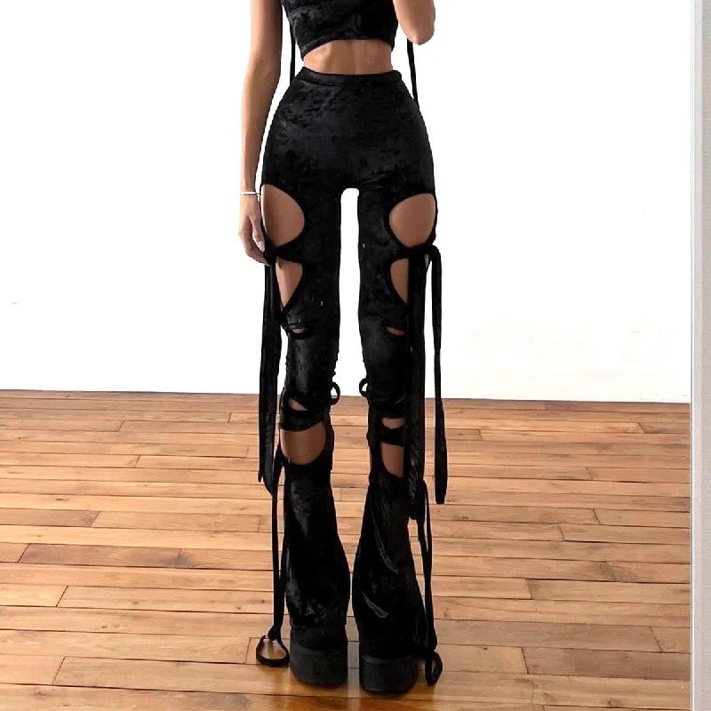 Gothic black velvet pants with lace-up detail