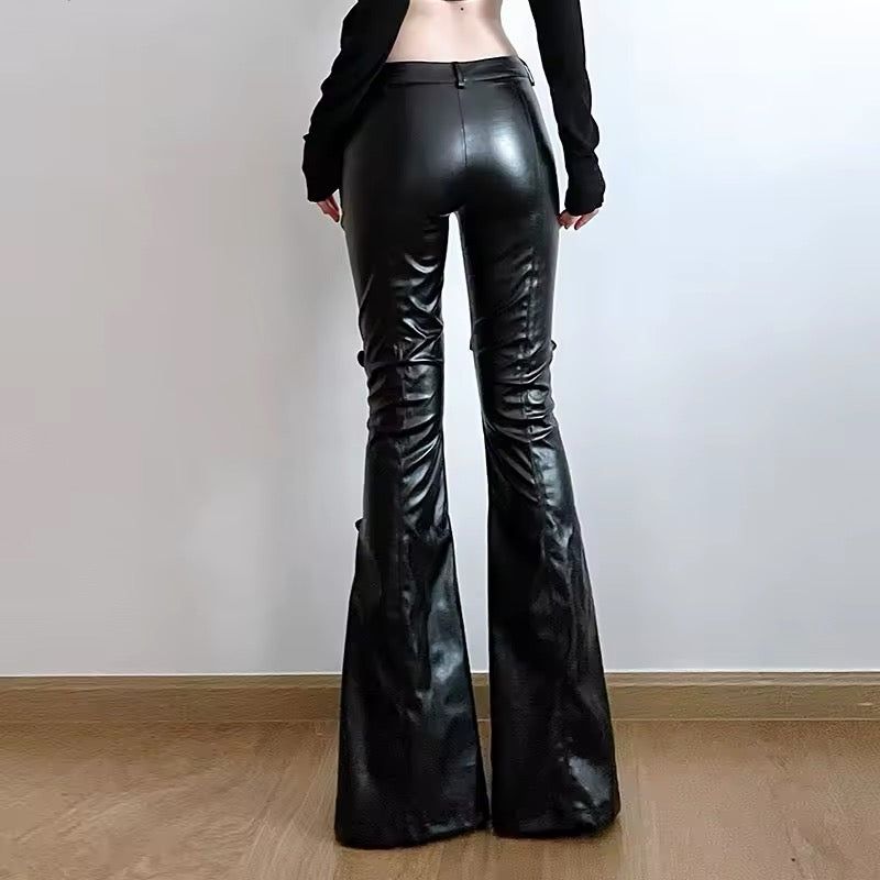 Women's leather flare pants with slim fit design