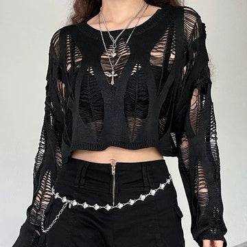 Gothic black crop sweater with long sleeves