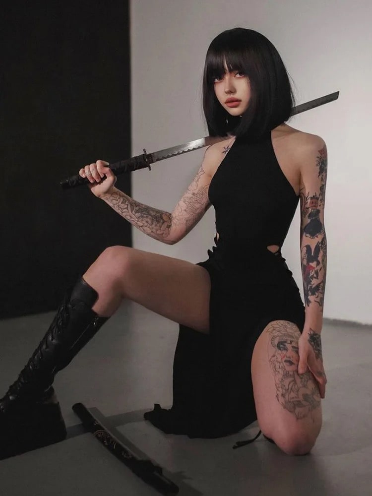 Bandage Goth Dress - Elegant Black Gothic Midi Dress The Feelz Bandage Goth Dress - Elegant Black Gothic Midi Dress The Feelz
