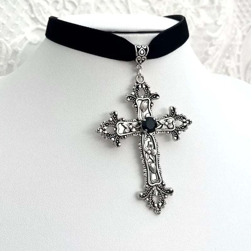 Velvet Gothic choker with silver cross pendant and bead details. Statement jewelry for Halloween or casual grunge fashion.