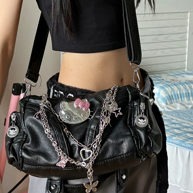 Gothic Hello Kitty motorcycle handbag in black PU leather