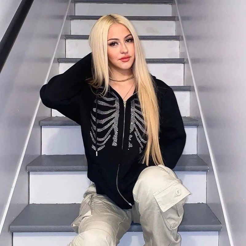 Rhinestone Hoodie | Y2K Skeleton Zip Up Oversized – The Feelz