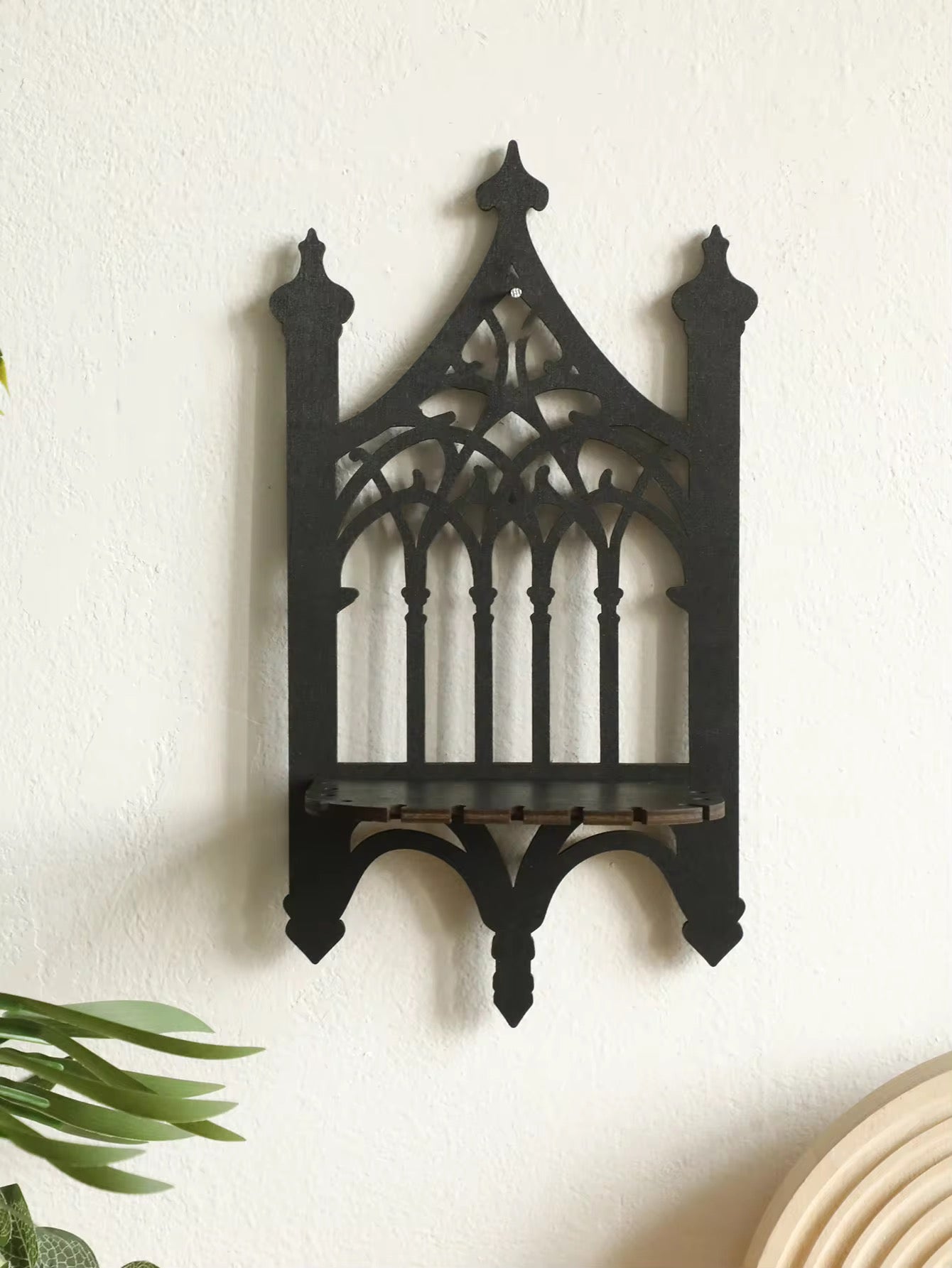 Rustic wooden arch shelf for gothic rooms