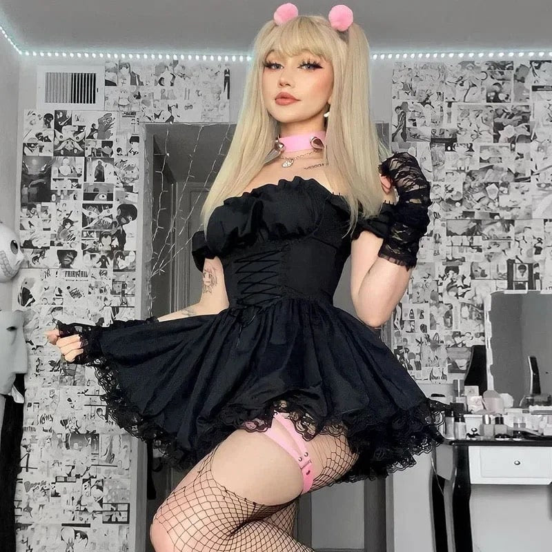 Lolita Cute Princess Dress | Gothic Lace Puff Sleeve Mini Dress Black / L Lolita Cute Princess Dress | Gothic Lace Puff Sleeve Mini Dress Black / L