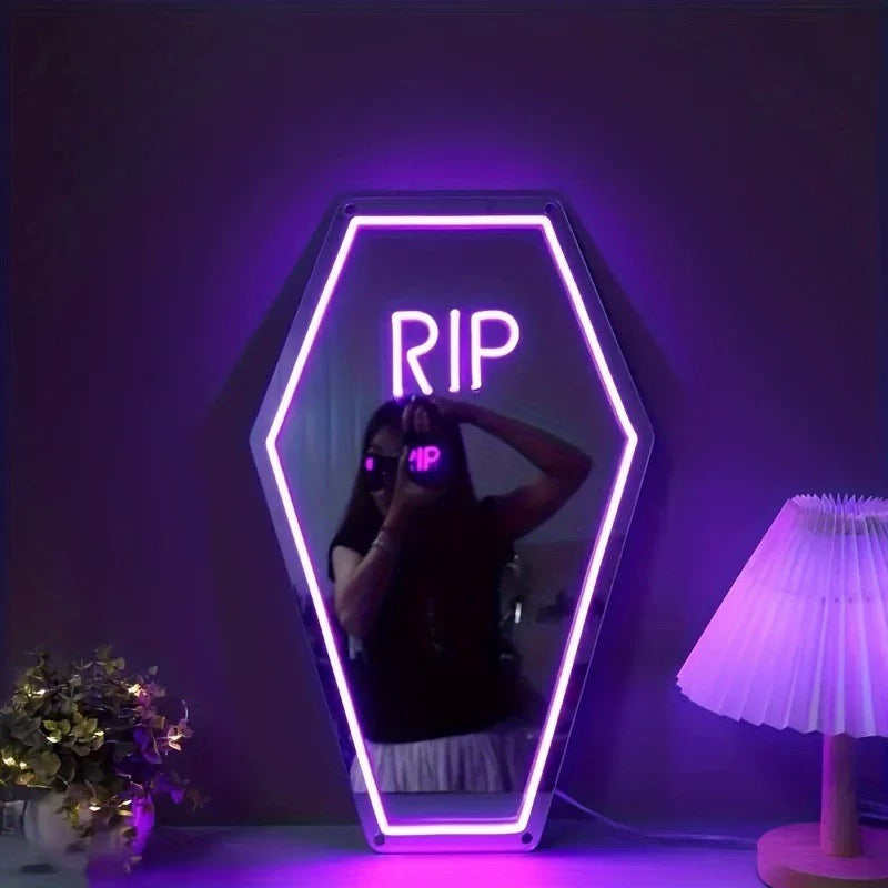 Gothic RIP coffin neon mirror sign with purple glow for bedroom decor.
