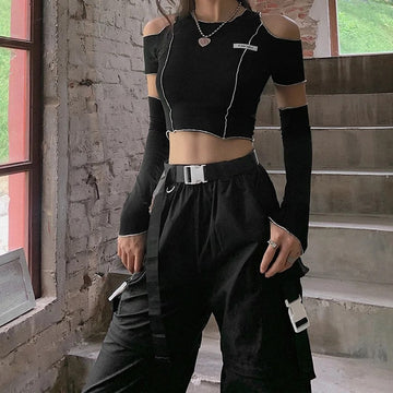 Gothic off shoulder crop top with hollow crew neck design