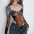 Brown square neck bodysuit with lace details and high-waist design