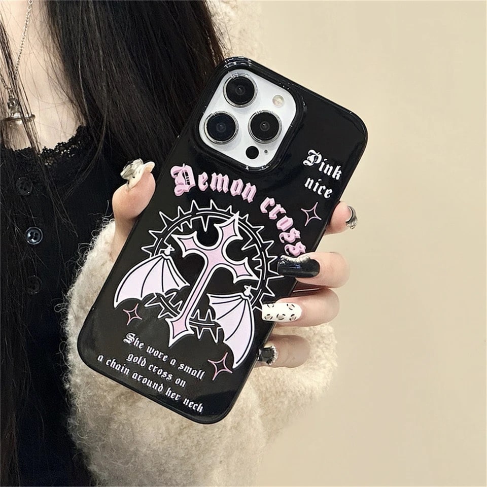 Stylish vintage gothic iPhone case with rubber design. Black and pink Y2K aesthetic cover for iPhone 11 to 15 Pro Max.