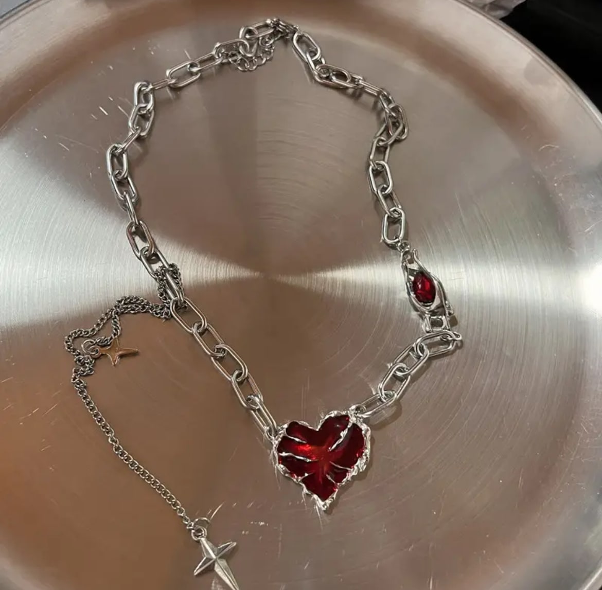 Y2K skeleton hand necklace with red heart